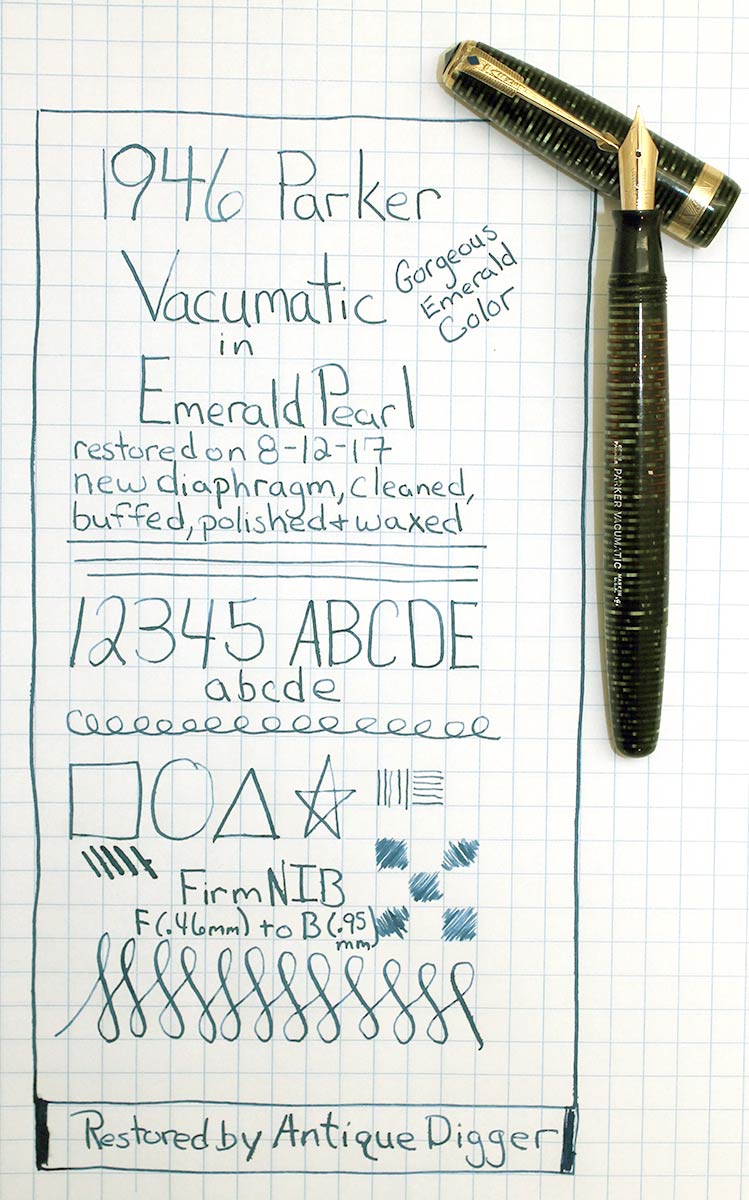 1946 PARKER EMERALD PEARL VACUMATIC MAJOR FOUNTAIN PEN F to B FLEX NIB