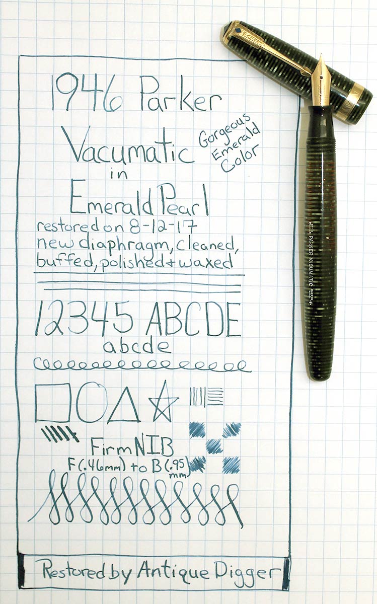 1946 PARKER EMERALD PEARL VACUMATIC MAJOR FOUNTAIN PEN F to B FLEX NIB RESTORED OFFERED BY ANTIQUE DIGGER