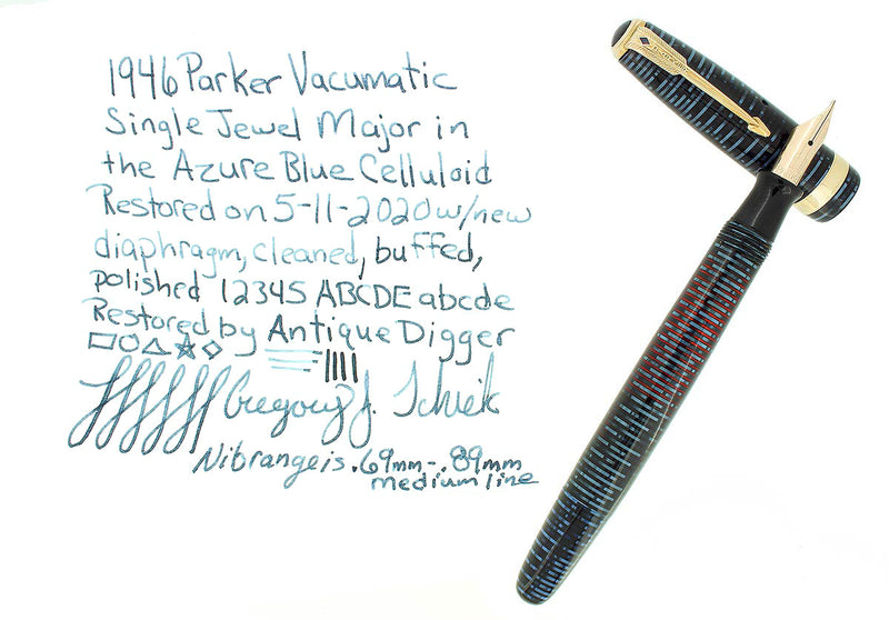 1946 PARKER AZURE PEARL VACUMATIC MAJOR SINGLE JEWEL FOUNTAIN PEN RESTORED OFFERED BY ANTIQUE DIGGER