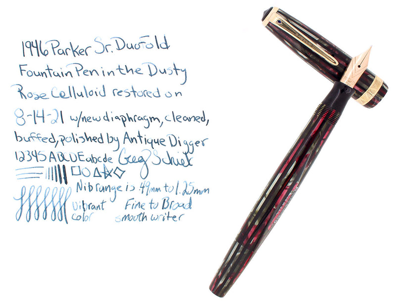1946 PARKER STRIPED DUOFOLD SENIOR DUSTY ROSE BLUE DIAMOND FOUNTAIN PEN RESTORED OFFERED BY ANTIQUE DIGGER