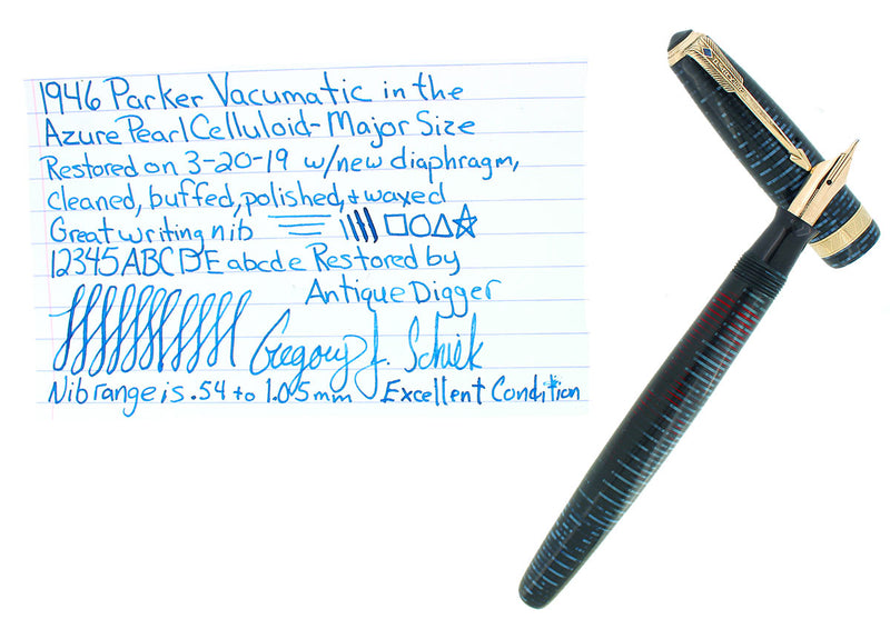 1946 PARKER AZURE PEARL VACUMATIC FOUNTAIN PEN MAJOR SIZE F-B FLEX NIB RESTORED OFFERED BY ANTIQUE DIGGER