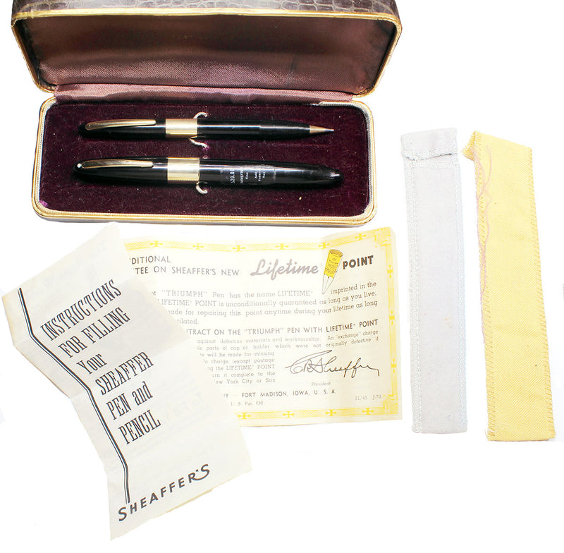 CIRCA 1945 SHEAFFER 14K AUTOGRAPH TOUCHDOWN FOUNTAIN PEN & PENCIL STICKED MINT IN BOX OFFERED BY ANTIQUE DIGGER