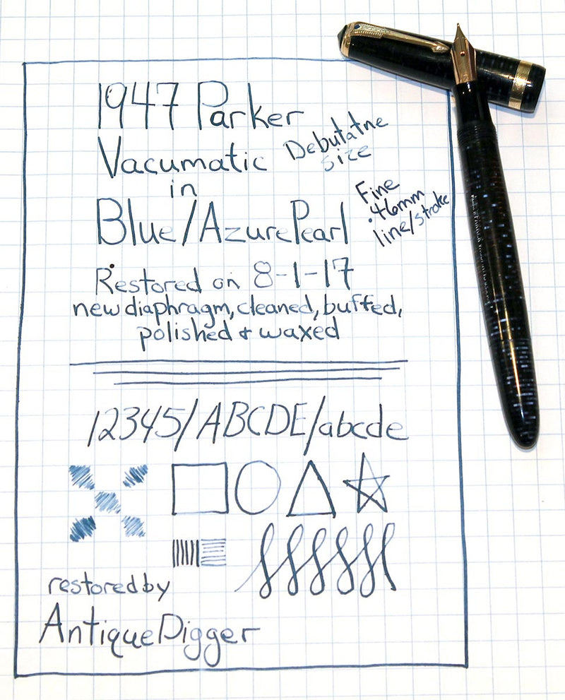 1947 PARKER BLUE / AZURE PEARL VACUMATIC FOUNTAIN PEN RESTORED OFFERED BY ANTIQUE DIGGER