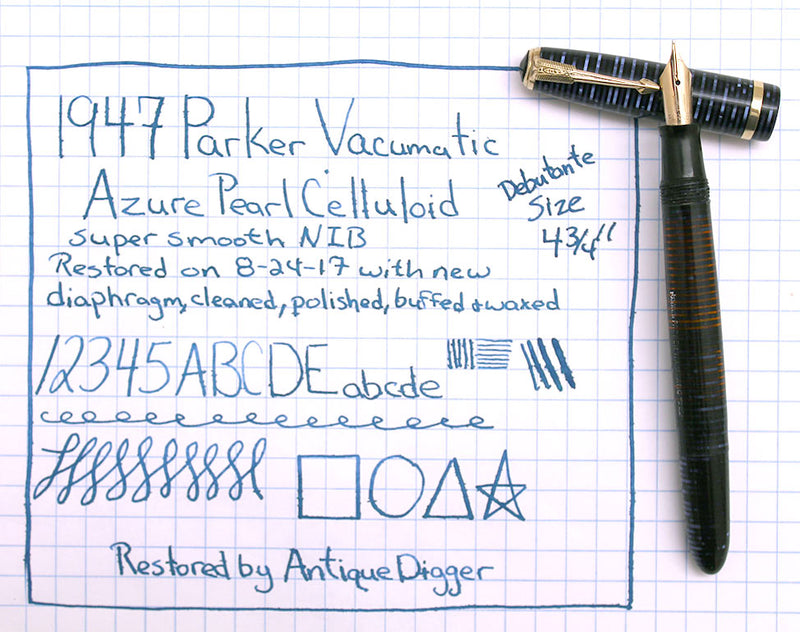 1947 PARKER AZURE BLUE PEARL VACUMATIC DEBUTANTE FOUNTAIN PEN F - BB NIB RESTORED OFFERED BY ANTIQUE DIGGER