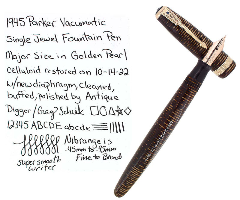 1945 PARKER VACUMATIC MAJOR SIZE GOLDEN PEARL FOUNTAIN PEN RESTORED OFFERED BY ANTIQUE DIGGER