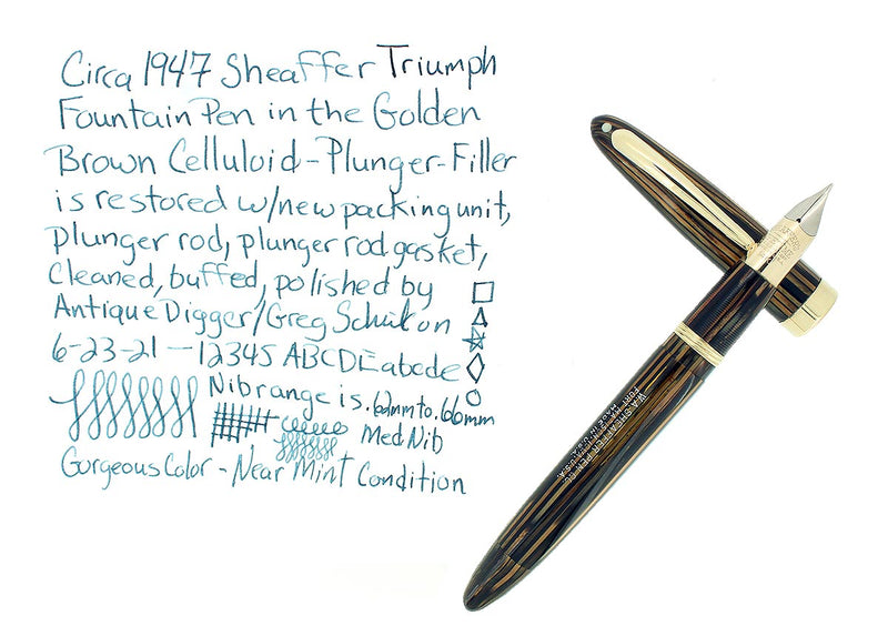 C1947 SHEAFFER TRIUMPH STATESMAN GOLDEN BROWN FOUNTAIN PEN PLUNGER FILL RESTORED OFFERED BY ANTIQUE DIGGER