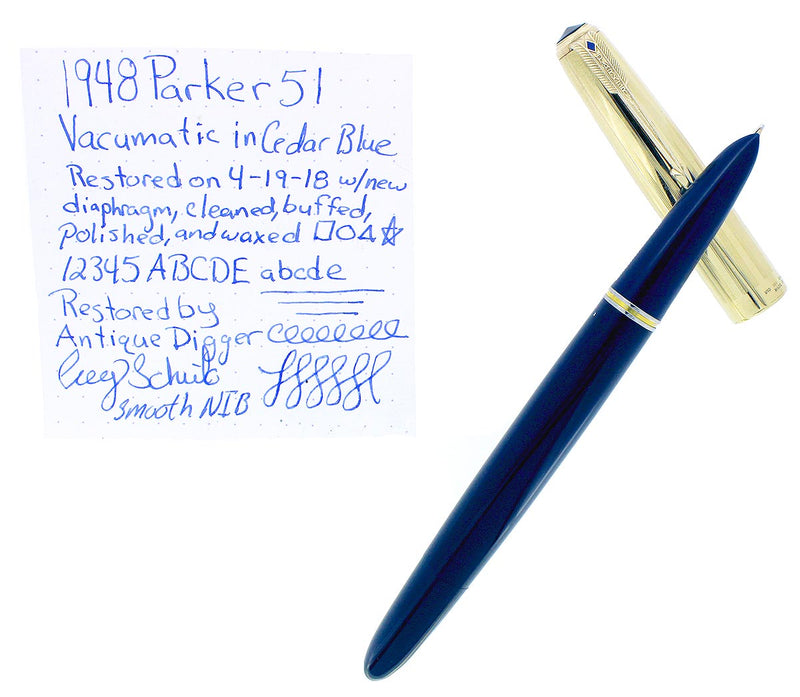 1948 PARKER 51 SINGLE JEWEL CEDAR BLUE VACUMATIC FOUNTAIN PEN RESTORED NEAR MINT OFFERED BY ANTIQUE DIGGER