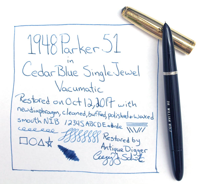 1948 PARKER 51 VACUMATIC CEDAR BLUE GOLD FILLED CAP FOUNTAIN PEN RESTORED