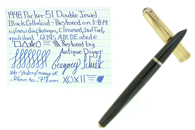 1948 PARKER 51 VACUMATIC DOUBLE JEWEL BLACK FOUNTAIN PEN 1/10 16K CAP RESTORED OFFERED BY ANTIQUE DIGGER