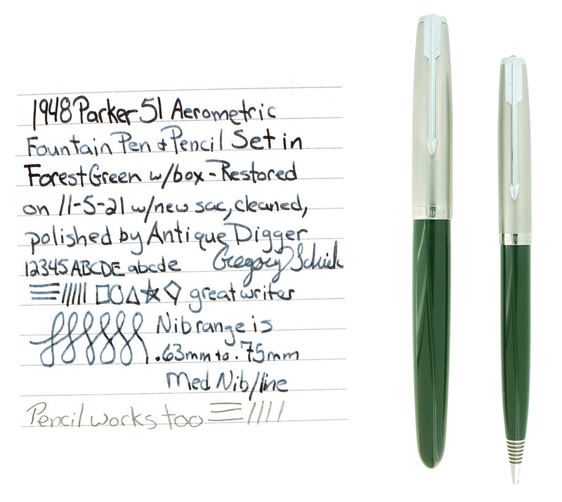 1948 PARKER 51 FOREST GREEN AEROMETRIC FOUNTAIN PEN & PENCIL RESTORED NEAR MINT OFFERED BY ANTIQUE DIGGER
