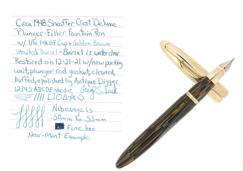 C1948 SHEAFFER CREST DELUXE GOLDEN BROWN PLUNGER FILL TRIUMPH NIB FOUNTAIN PEN RESTORED OFFERED BY ANTIQUE DIGGER