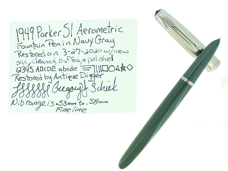 1949 PARKER 51 NAVY GREY AEROMETRIC SMOOTH FINE NIB FOUNTAIN PEN RESTORED OFFERED BY ANTIQUE DIGGER