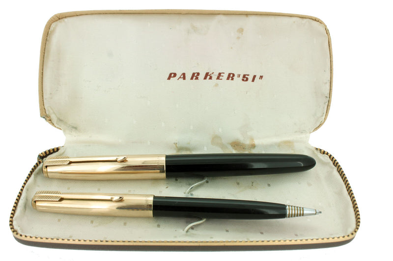 1950 PARKER 51 BLACK W/GOLD CAPS AEROMETRIC FOUNTAIN PEN & PENCIL SET RESTORED OFFERED BY ANTIQUE DIGGER