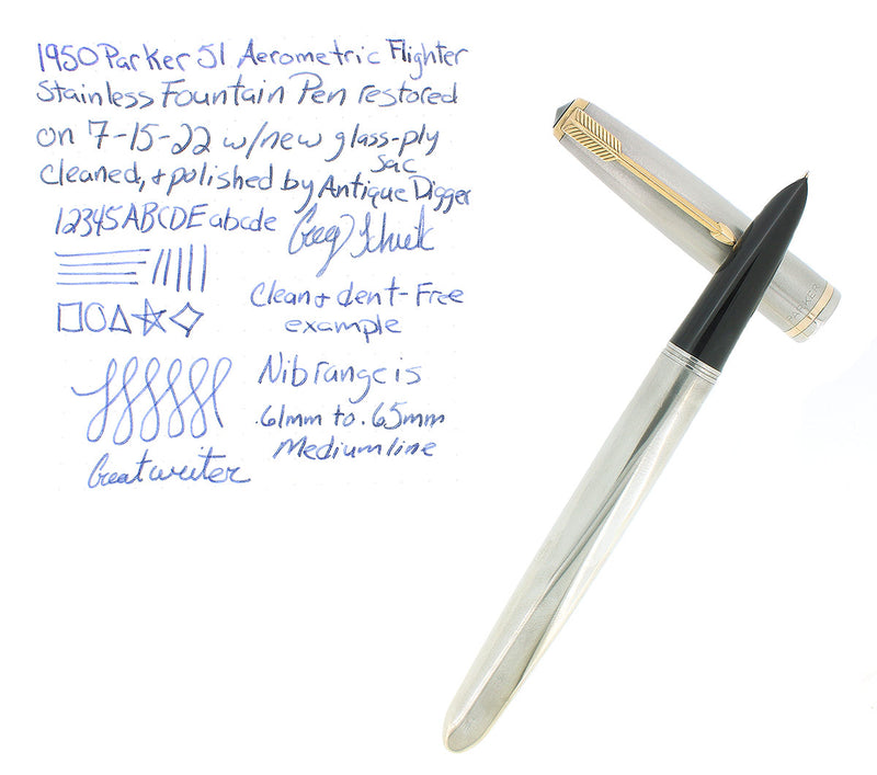 1950 PARKER 51 FLIGHTER AEROMETRIC FOUNTAIN PEN STAINLESS STEEL M NIB RESTORED OFFERED BY ANTIQUE DIGGER