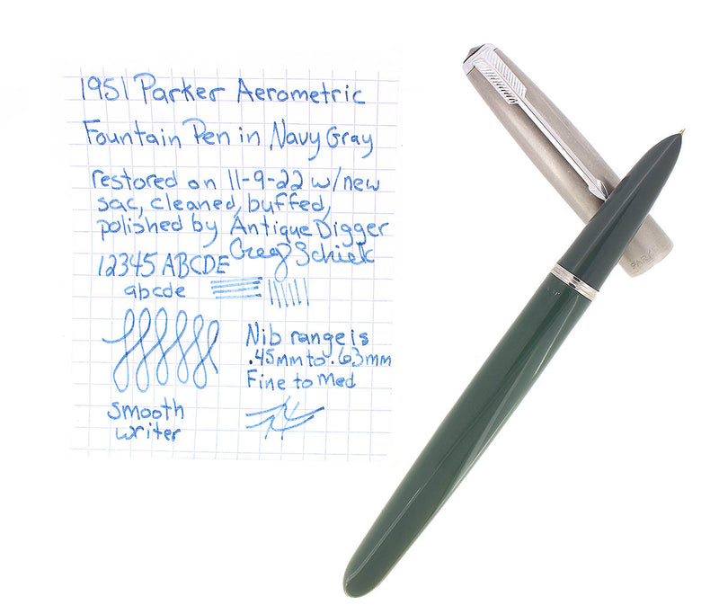 1951 PARKER 51 NAVY GREY AEROMETRIC SMOOTH FINE NIB FOUNTAIN PEN RESTORED OFFERED BY ANTIQUE DIGGER