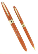 C1953 SHEAFFER MANDARIN ORANGE VALIANT SNORKEL FOUNTAIN PEN & PENCIL SET RESTORED OFFERED BY ANTIQUE DIGGER