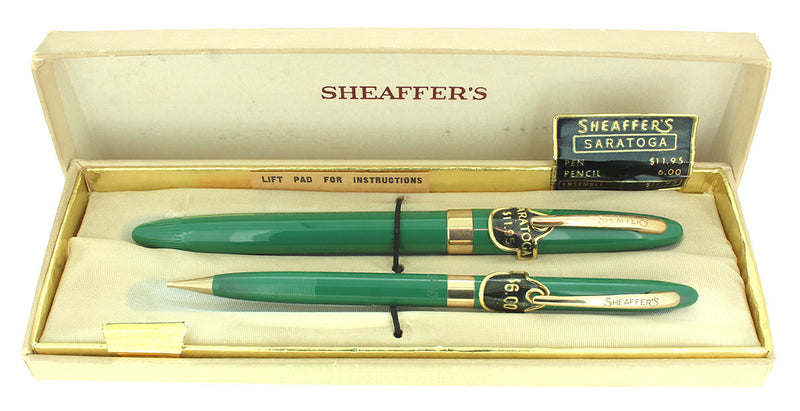 STICKERED C1953 SHEAFFER SARATOGA PASTEL GREEN SNORKEL FOUNTAIN PEN & PENCIL SET MINT NEW OLD STOCK OFFERED BY ANTIQUE DIGGER