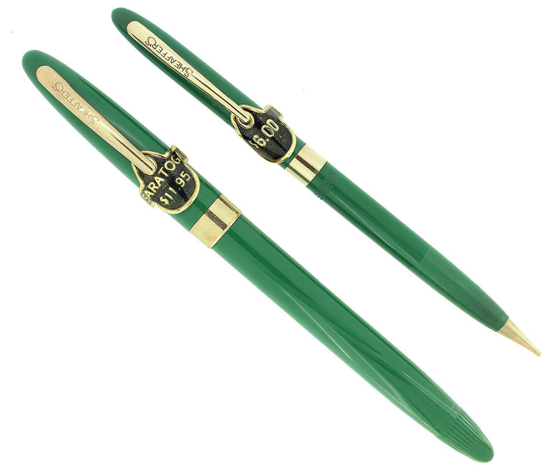 STICKERED C1953 SHEAFFER SARATOGA PASTEL GREEN SNORKEL FOUNTAIN PEN & PENCIL SET MINT NEW OLD STOCK OFFERED BY ANTIQUE DIGGER