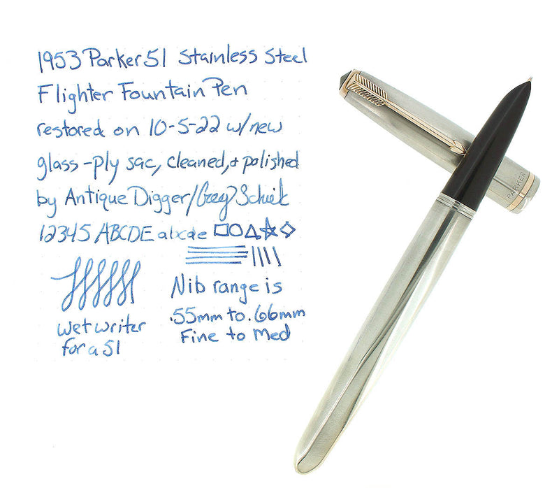 1953 PARKER 51 FLIGHTER AEROMETRIC FOUNTAIN PEN STAINLESS STEEL F NIB RESTORED OFFERED BY ANTIQUE DIGGER