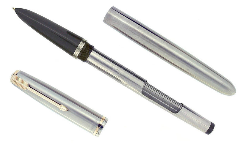 1953 PARKER 51 FLIGHTER AEROMETRIC FOUNTAIN PEN STAINLESS STEEL F NIB RESTORED OFFERED BY ANTIQUE DIGGER