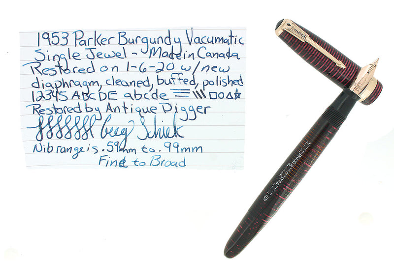 1953 PARKER BURGUNDY PEARL VACUMATIC MADE IN CANADA FOUNTAIN PEN RESTORED OFFERED BY ANTIQUE DIGGER