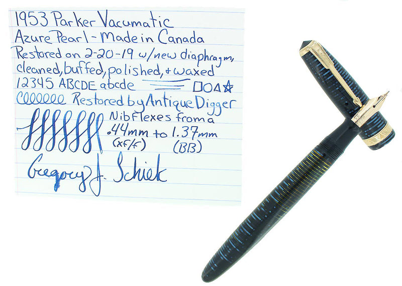 1953 PARKER AZURE PEARL VACUMATIC FOUNTAIN PEN F-BB FLEX NIB RESTORED OFFERED BY ANTIQUE DIGGER