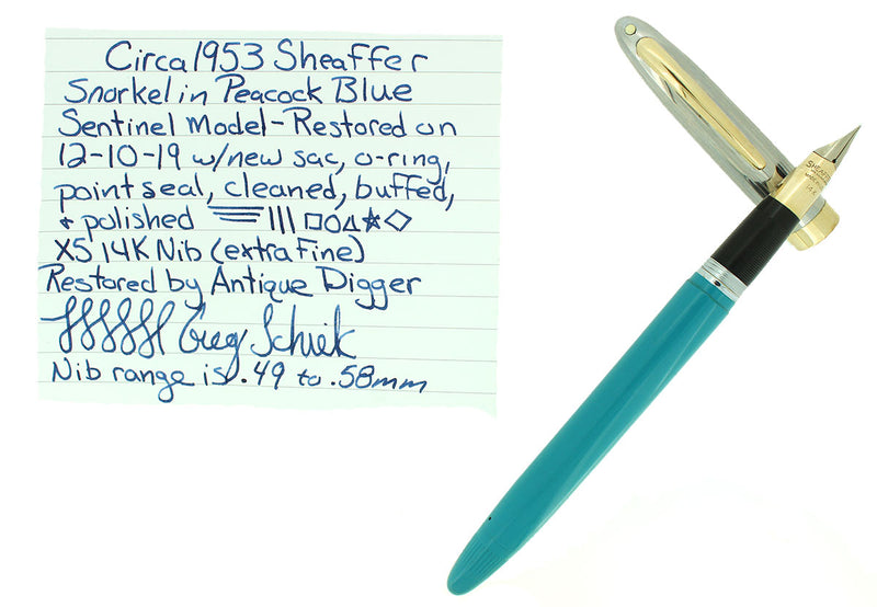CIRCA 1953 SHEAFFER PEACOCK BLUE SENTINEL SNORKEL FOUNTAIN PEN RESTORED OFFERED BY ANTIQUE DIGGER