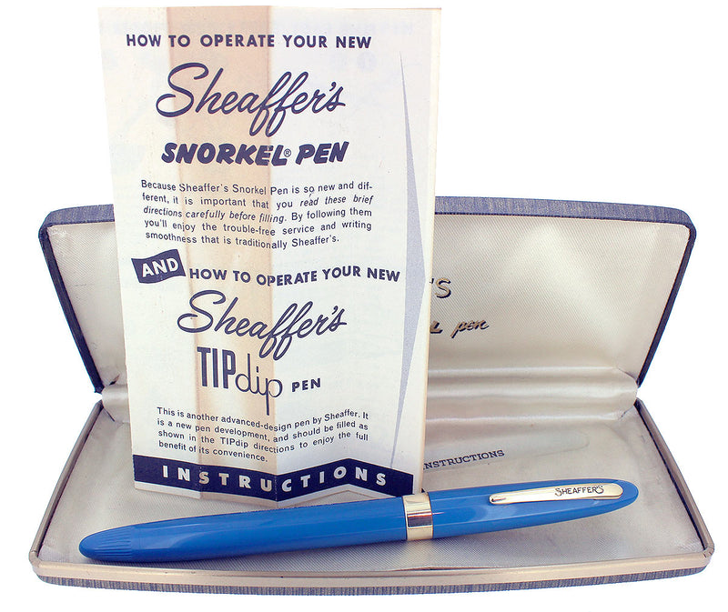 C1953 SHEAFFER SARATOGA PASTEL BLUE SNORKEL FOUNTAIN PEN XXF TO XF NIB RESTORED OFFERED BY ANTIQUE DIGGER