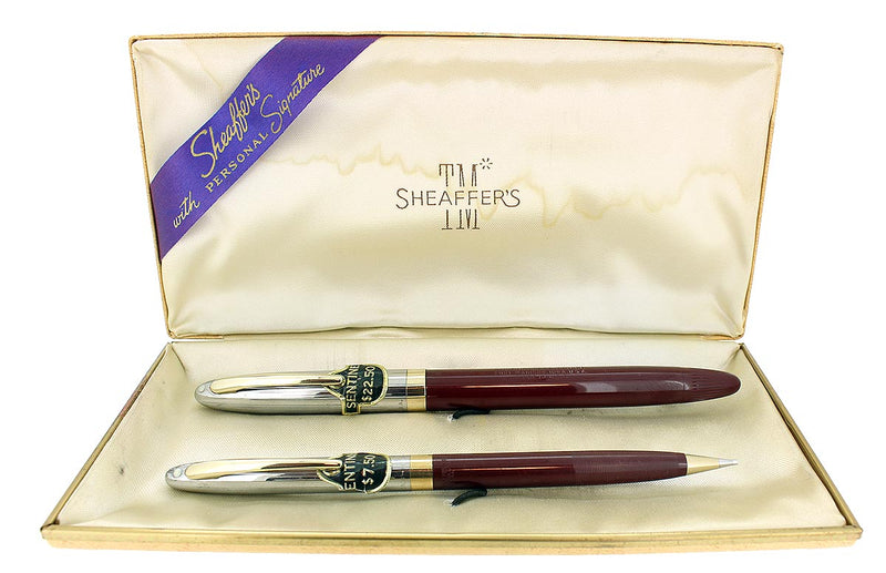 STICKERED C1953 SHEAFFER SENTINEL BURGUNDY SNORKEL FOUNTAIN PEN & PENCIL SET MINT NOS OFFERED BY ANTIQUE DIGGER