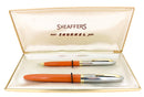 C1953 SHEAFFER MANDARIN ORANGE SENTINEL SNORKEL FOUNTAIN PEN AND PENCIL SET RESTORED OFFERED BY ANTIQUE DIGGER