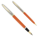 C1953 SHEAFFER MANDARIN ORANGE SENTINEL SNORKEL FOUNTAIN PEN AND PENCIL SET RESTORED OFFERED BY ANTIQUE DIGGER