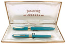 CIRCA 1953 SHEAFFER PEACOCK BLUE STATESMAN SNORKEL FOUNTAIN PEN AND PENCIL SET RESTORED OFFERED BY ANTIQUE DIGGER