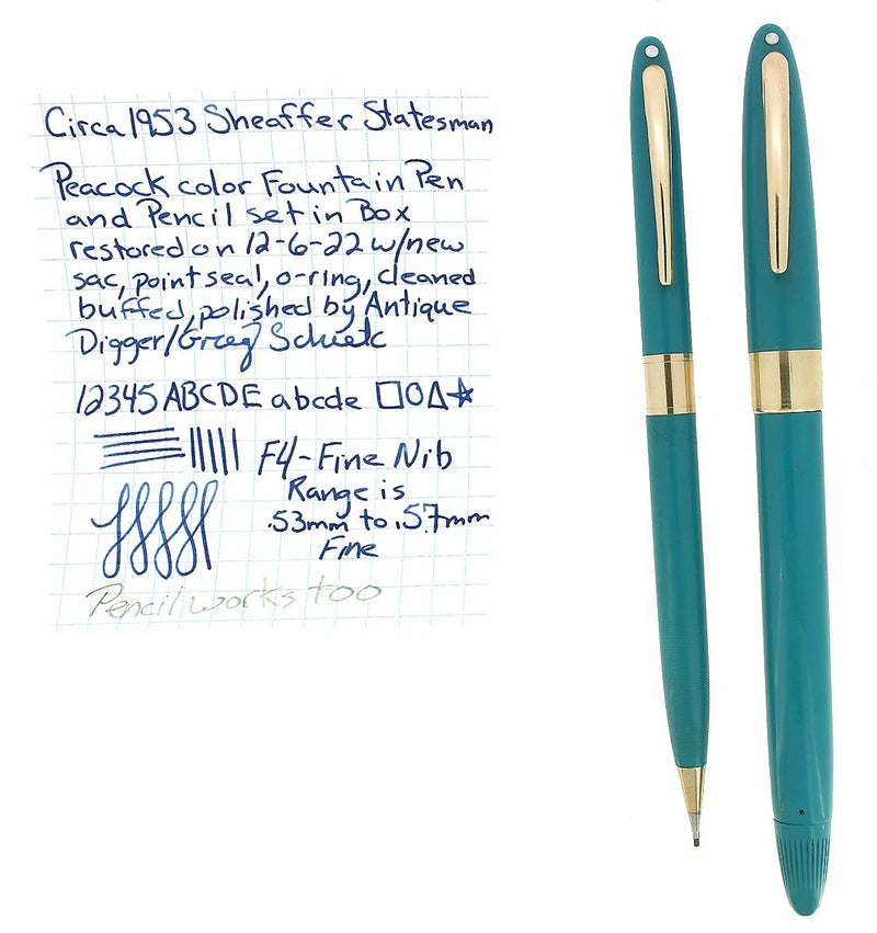 CIRCA 1953 SHEAFFER PEACOCK BLUE STATESMAN SNORKEL FOUNTAIN PEN AND PENCIL SET RESTORED OFFERED BY ANTIQUE DIGGER