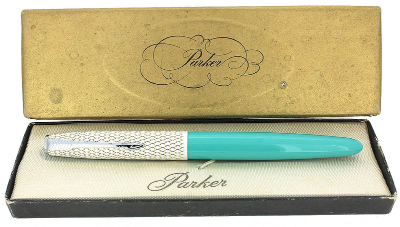 C1956 PARKER 41 FISHSCALE CAP TURQUOISE FOUNTAIN PEN IN ORIGINAL BOX NEW OLD STOCK NEVER INKED OFFERED BY ANTIQUE DIGGER