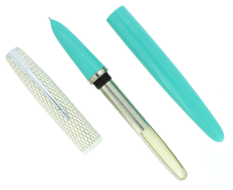 C1956 PARKER 41 FISHSCALE CAP TURQUOISE FOUNTAIN PEN IN ORIGINAL BOX NEW OLD STOCK NEVER INKED OFFERED BY ANTIQUE DIGGER