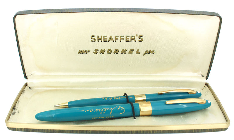 RARE C1957 SHEAFFER STATESMAN ED SULLIVAN PEACOCK SNORKEL FOUNTAIN PEN & PENCIL SET MINT NEW OLD STOCK OFFERED BY ANTIQUE DIGGER