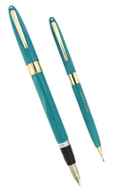 RARE C1957 SHEAFFER STATESMAN ED SULLIVAN PEACOCK SNORKEL FOUNTAIN PEN & PENCIL SET MINT NEW OLD STOCK OFFERED BY ANTIQUE DIGGER