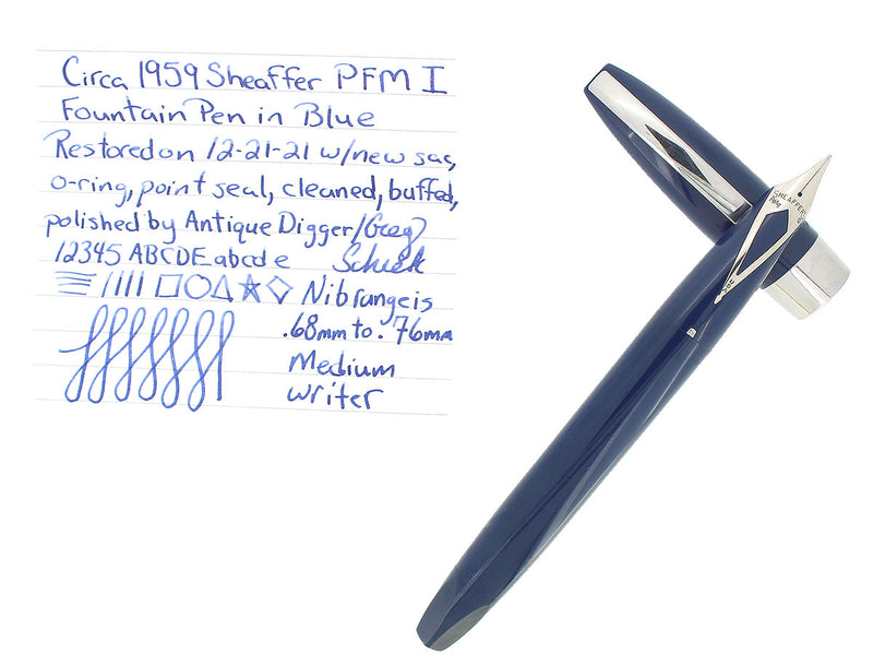 C1959 SHEAFFER BLUE PFM I PEN FOR MEN SNORKEL FOUNTAIN PEN RESTORED OFFERED BY ANTIQUE DIGGER