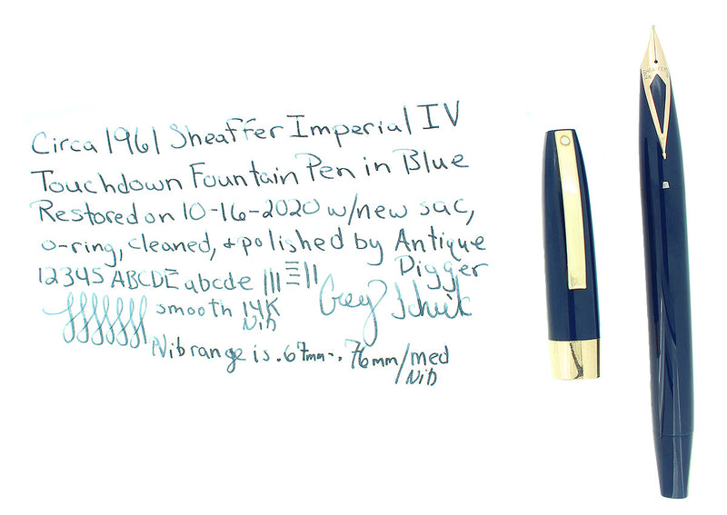 CIRCA 1961 SHEAFFER BLUE IMPERIAL IV FOUNTAIN PEN TOUCHDOWN FILLER RESTORED OFFERED BY ANTIQUE DIGGER
