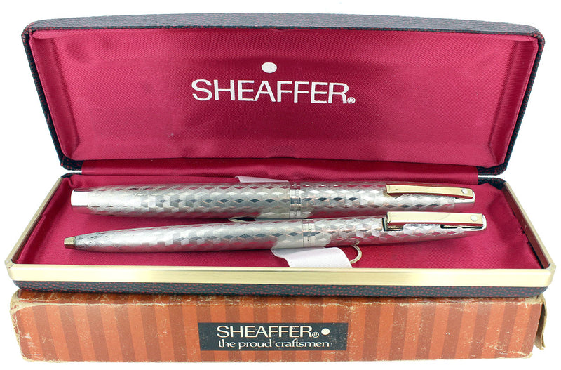 NEVER INKED C1972 SHEAFFER IMPERIAL STERLING MARQUETRY MODEL 834 FOUNTAIN PEN & PEN SET MINT OFFERED BY ANTIQUE DIGGER
