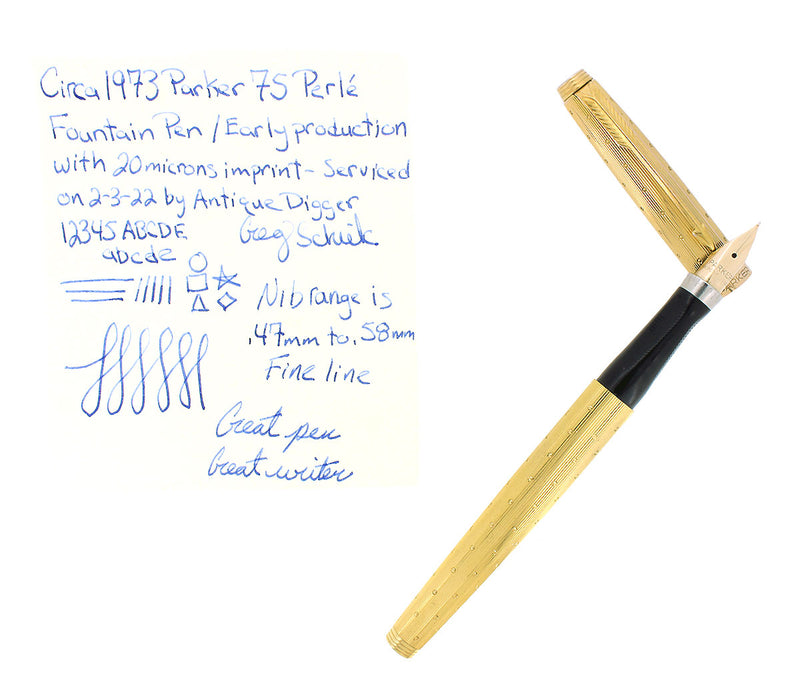 C1973 PARKER 75 GOLD PLATED PERLE 14K FINE NIB FOUNTAIN PEN RESTORED OFFERED BY ANTIQUE DIGGER