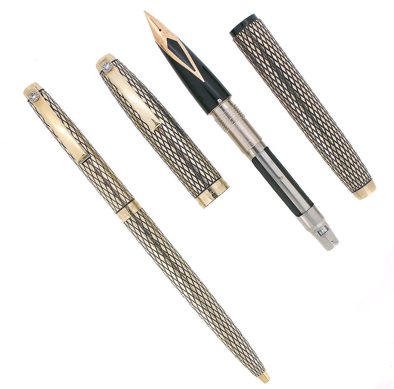 C1972 SHEAFFER 14K GOLD FILLED SOVEREIGN IMPERIAL FOUNTAIN PEN & PENCIL SET W/DIAMOND CLIPS OFFERED BY ANTIQUE DIGGER
