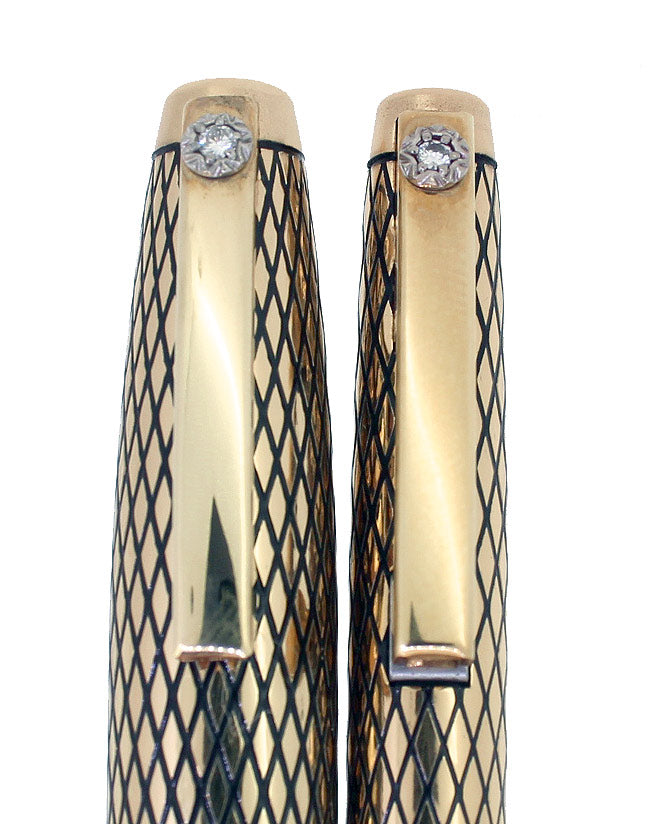 C1972 SHEAFFER 14K GOLD FILLED SOVEREIGN IMPERIAL FOUNTAIN PEN & PENCIL SET W/DIAMOND CLIPS OFFERED BY ANTIQUE DIGGER
