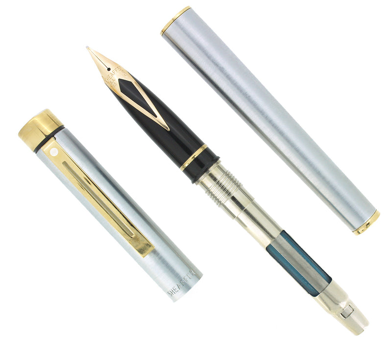 CIRCA 1976 SHEAFFER TARGA BRUSHED STAINLESS GOLD TRIM 14K MEDIUM NIB FOUNTAIN PEN NEVER INKED OFFERED BY ANTIQUE DIGGER