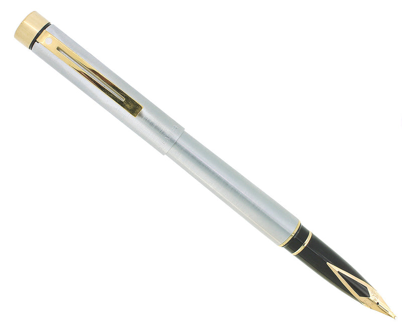 CIRCA 1976 SHEAFFER TARGA BRUSHED STAINLESS GOLD TRIM 14K BROAD NIB FOUNTAIN PEN NEVER INKED OFFERED BY ANTIQUE DIGGER