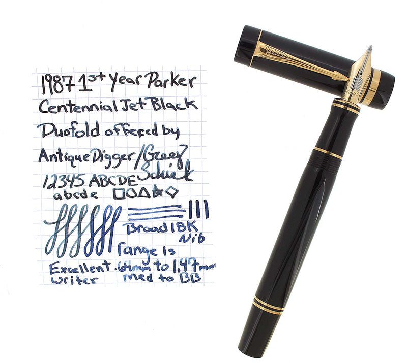 1987 PARKER 1ST YEAR DUOFOLD CENTENNIAL JET BLACK 18K BROAD NIB FOUNTAIN PEN OFFERED BY ANTIQUE DIGGER