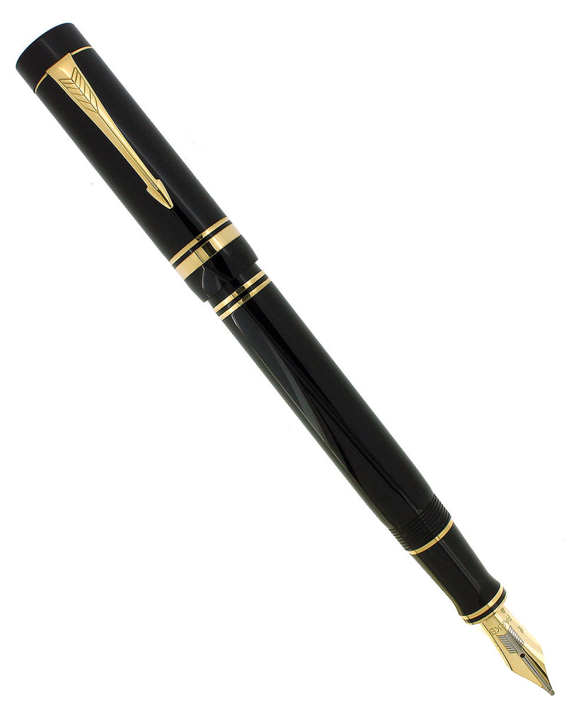 1987 PARKER 1ST YEAR DUOFOLD CENTENNIAL JET BLACK 18K BROAD NIB FOUNTAIN PEN OFFERED BY ANTIQUE DIGGER
