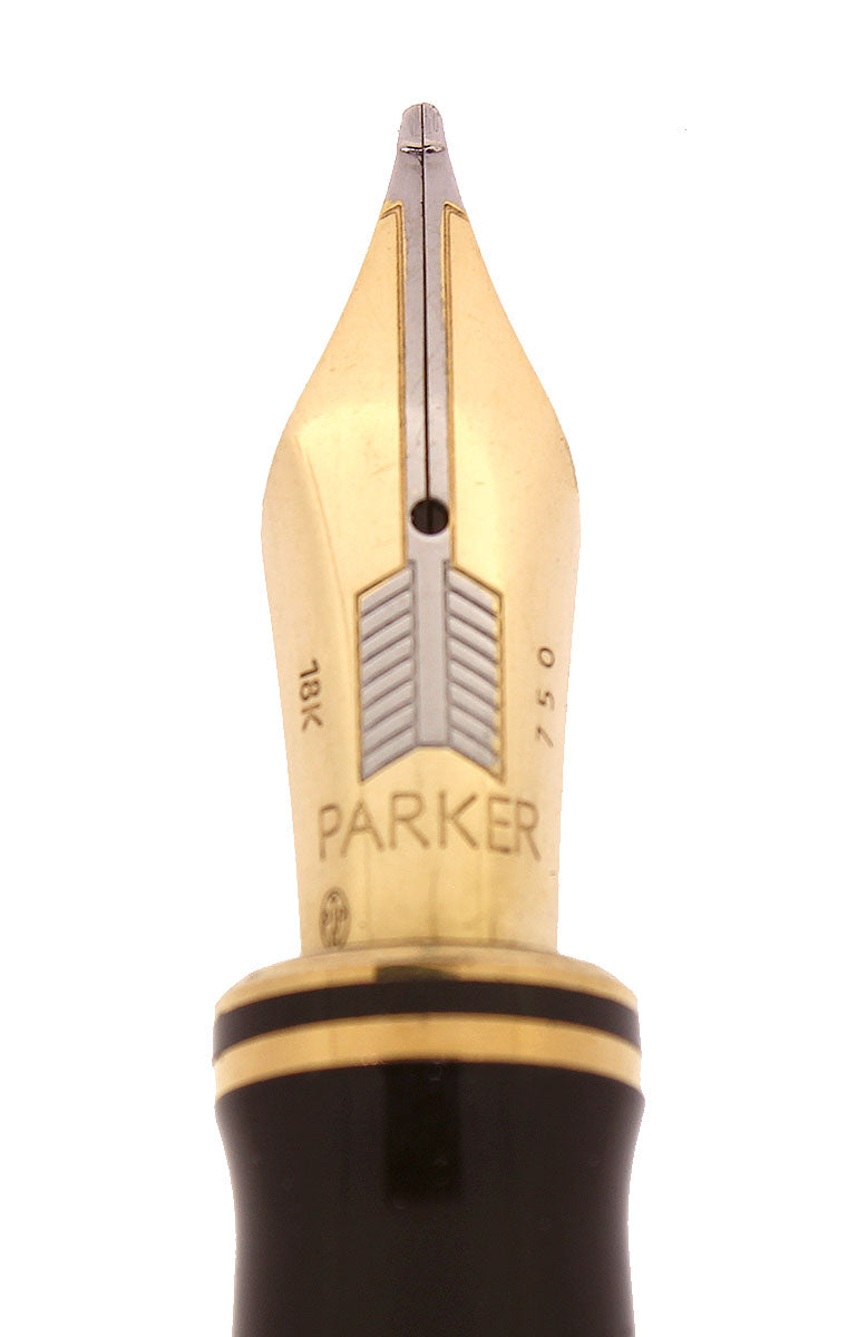 1987 PARKER 1ST YEAR DUOFOLD CENTENNIAL JET BLACK 18K BROAD NIB FOUNTAIN PEN OFFERED BY ANTIQUE DIGGER