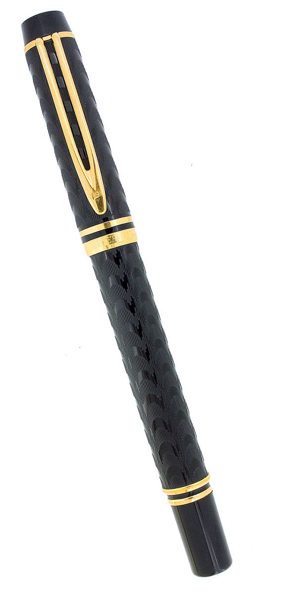 C1989 WATERMAN LE MAN 100 OPERA BLACK CHASED FACTORY DOUBLE BROAD 18K NIB FOUNTAIN PEN OFFERED BY ANTIQUE DIGGER