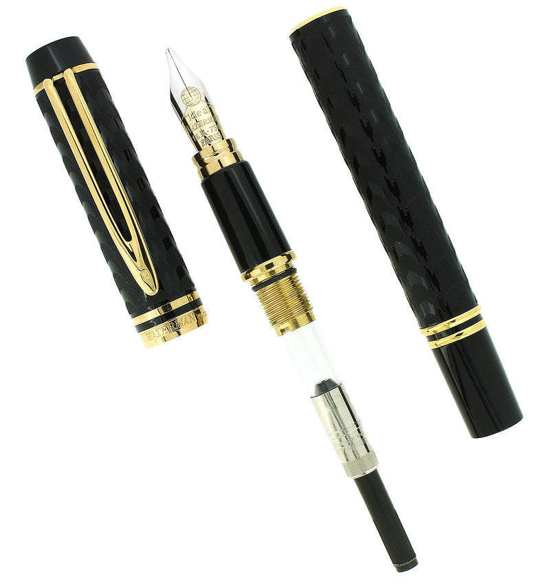 C1989 WATERMAN LE MAN 100 OPERA BLACK CHASED FACTORY DOUBLE BROAD 18K NIB FOUNTAIN PEN OFFERED BY ANTIQUE DIGGER